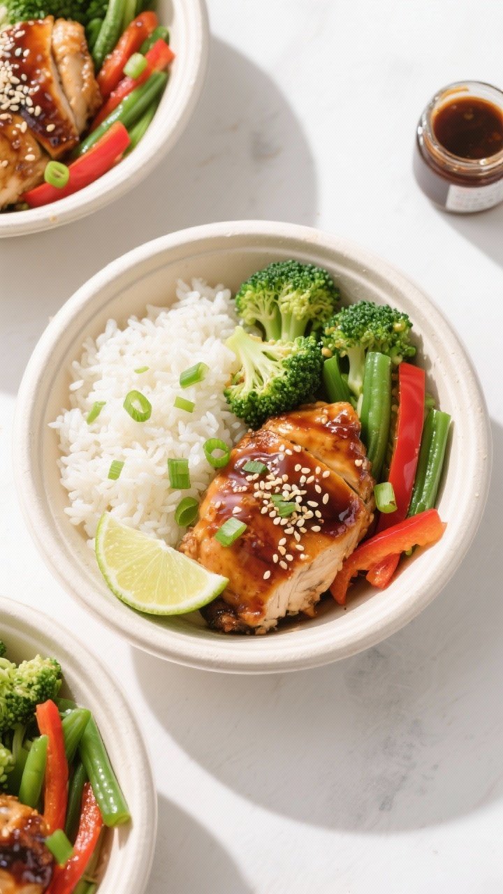 Tasty top view: Overhead shot of assembled meal-prep bowls—fluffy jasmine rice on one side, lacque