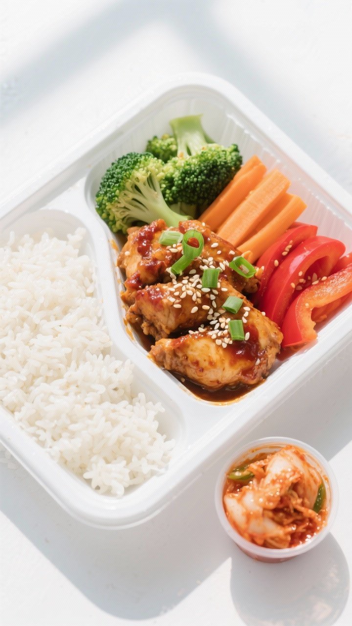 Tasty top view: Overhead shot of assembled meal prep containers—jasmine rice fluffed on one side, 