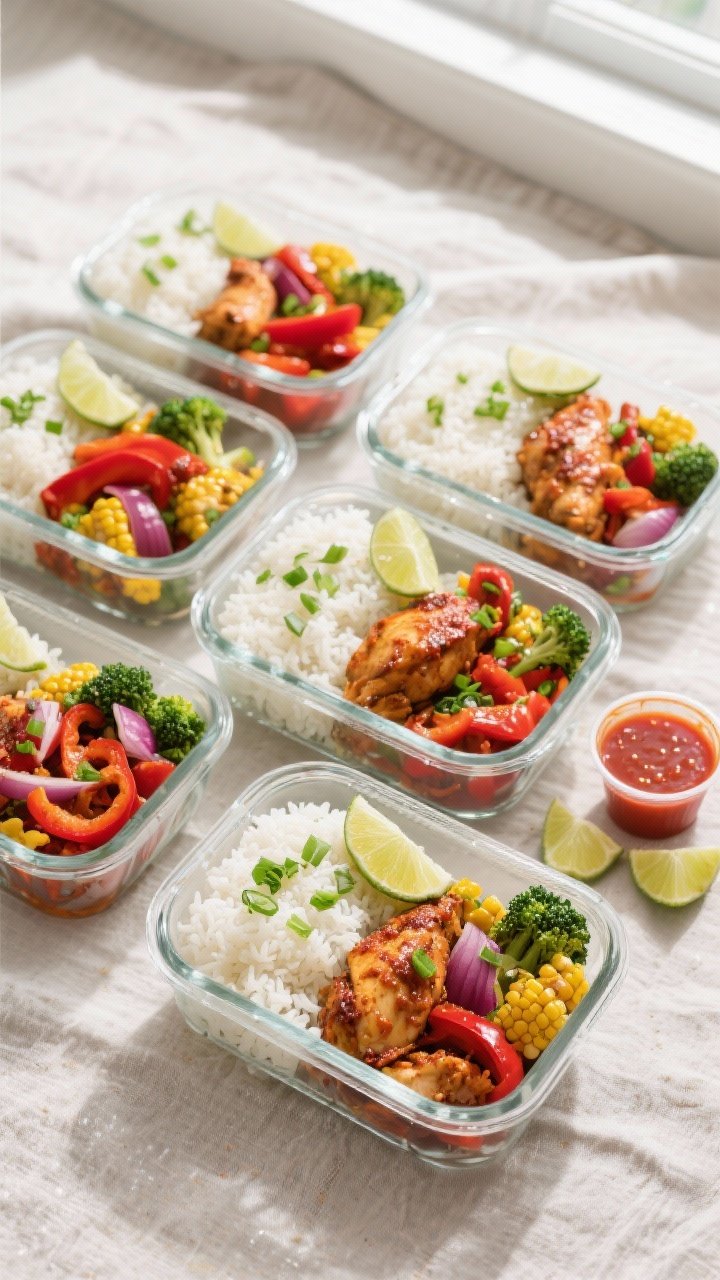 Tasty top view: Overhead shot of assembled meal prep containers (4–5 glass containers) with fluffy