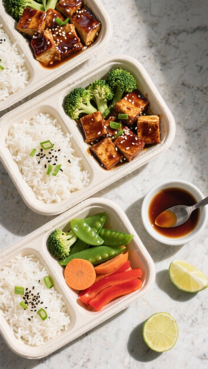 Tasty top view: Overhead shot of assembled meal prep containers—jasmine rice base on one side, glo
