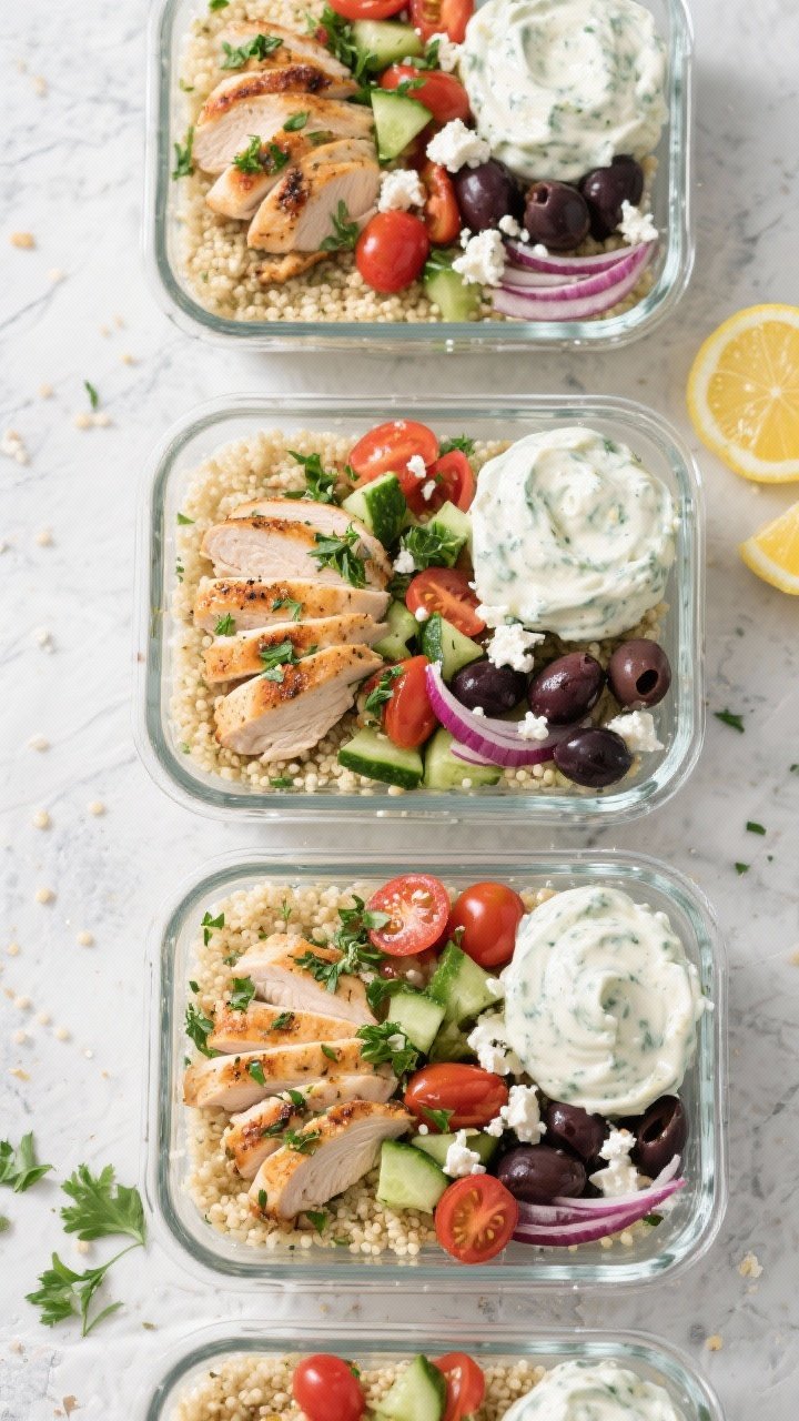 Tasty top view: Overhead shot of assembled Mediterranean chicken meal prep bowls—herbed couscous b