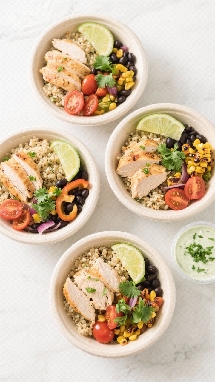Tasty top view: Overhead shot of assembled Southwest Chicken Quinoa meal prep bowls (4 containers), 