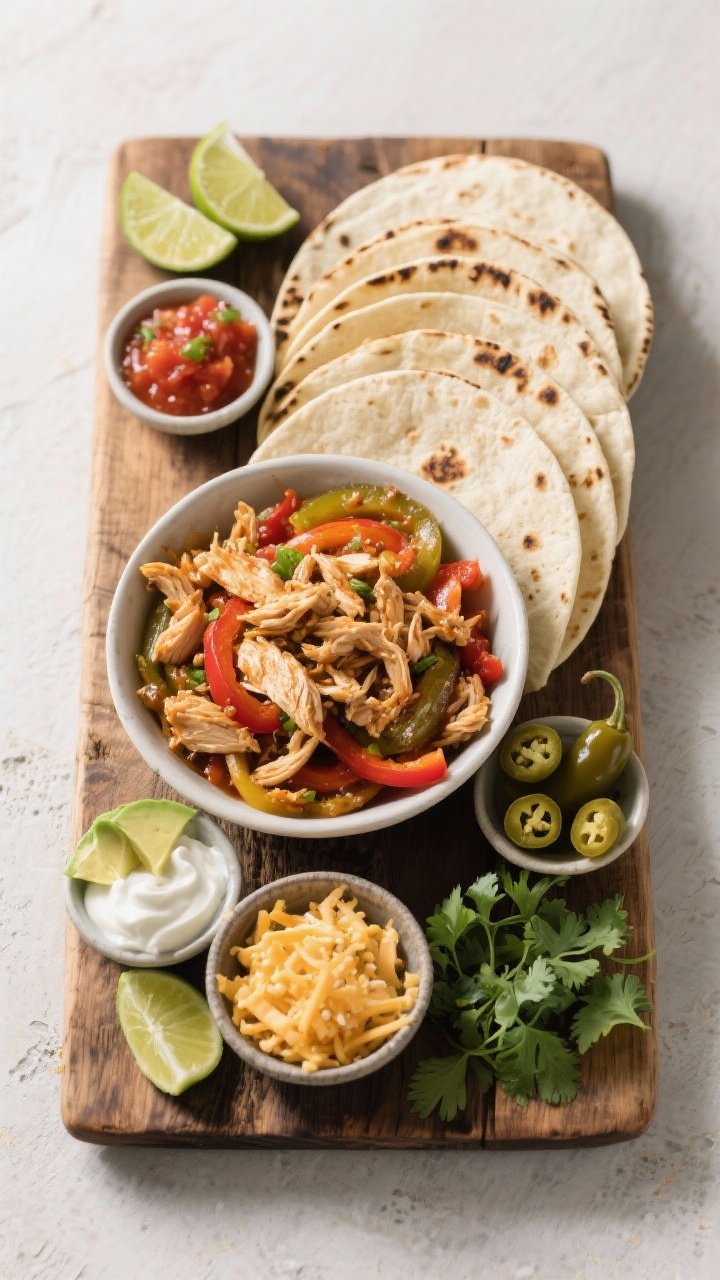 Tasty top view: Overhead shot of build-your-own chicken fajita spread on a rustic wooden board—sof
