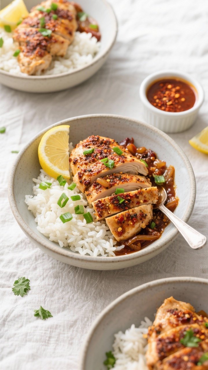 Tasty top view: Overhead shot of Cajun chicken rice bowls—sliced, spice-crusted chicken layered ov