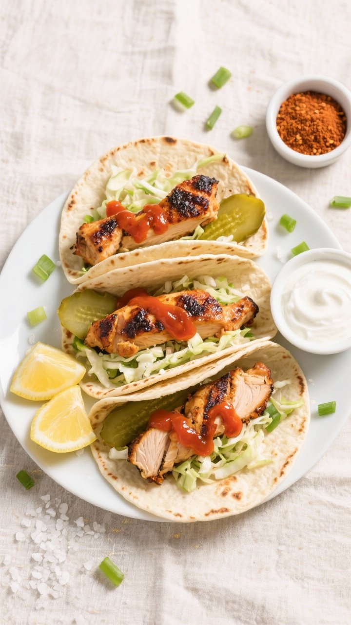 Tasty top view: Overhead shot of Cajun chicken thigh tacos—warm tortillas stuffed with juicy, char