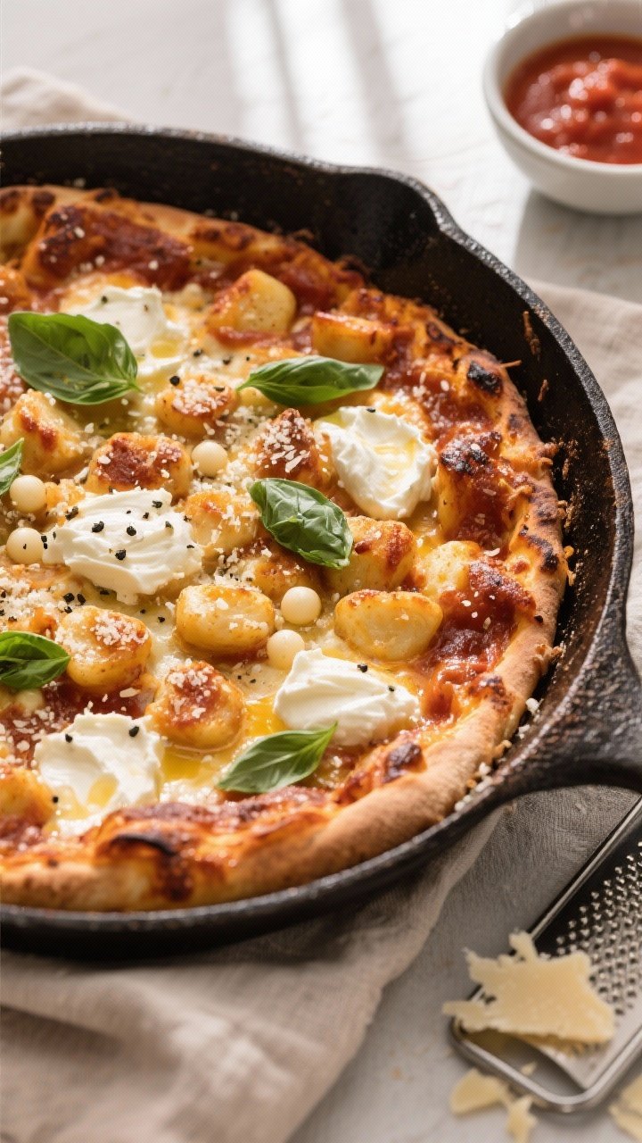 Tasty top view: Overhead shot of Cheesy Baked Gnocchi just out of the oven, bronzed, pizza-like top 