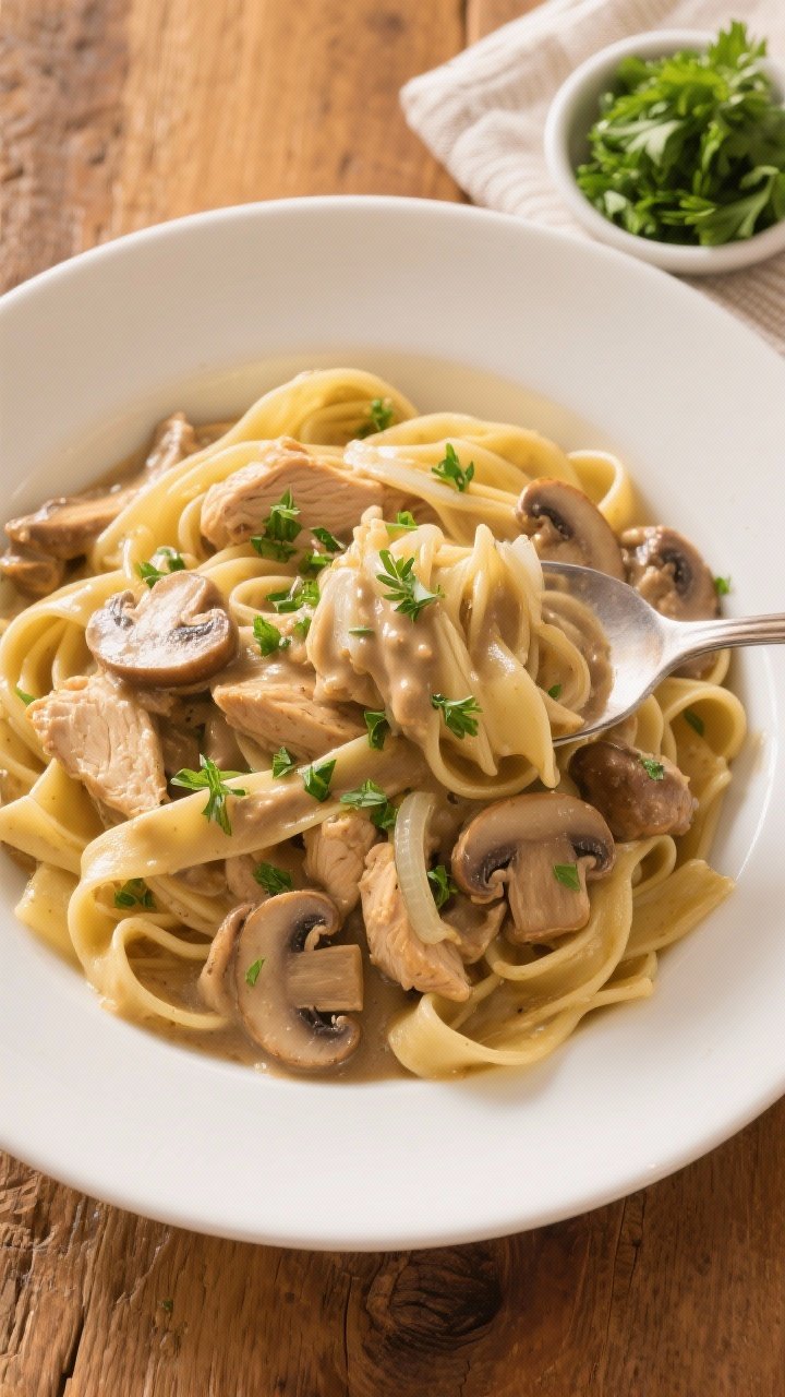 Tasty top view: Overhead shot of Chicken Stroganoff spooned over wide egg noodles, sauce clinging to