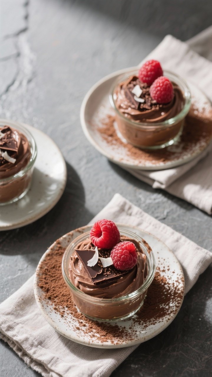 Tasty top view: Overhead shot of chilled chocolate avocado mousse portioned into small glass ramekin
