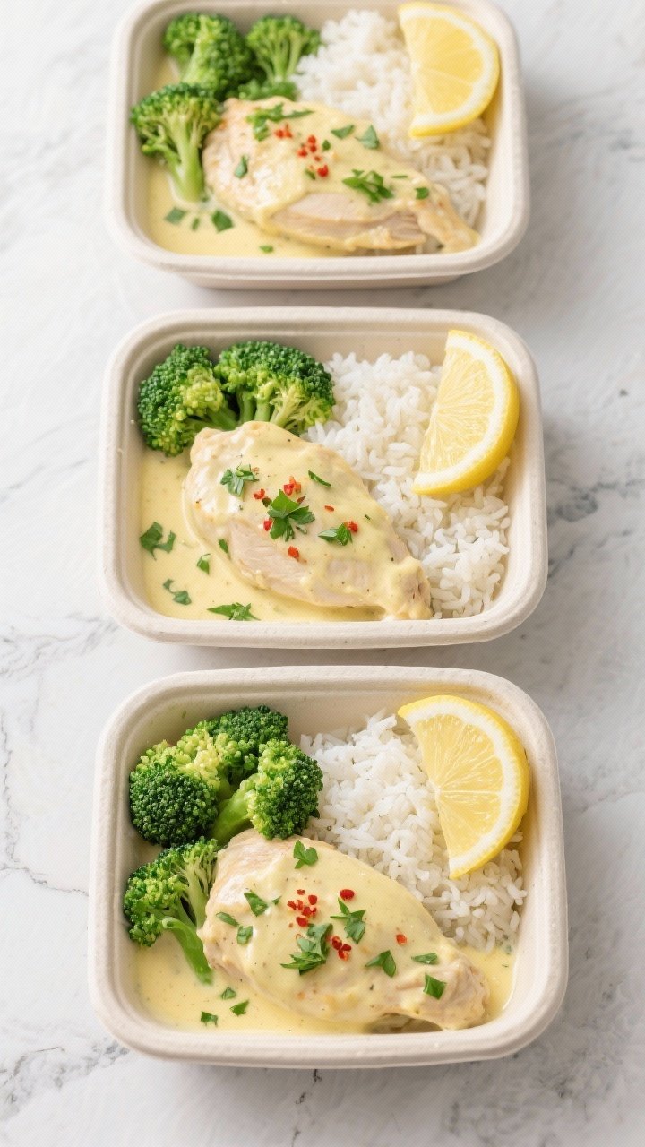Tasty top view: Overhead shot of creamy lemon chicken meal prep containers (4 portions) neatly arran