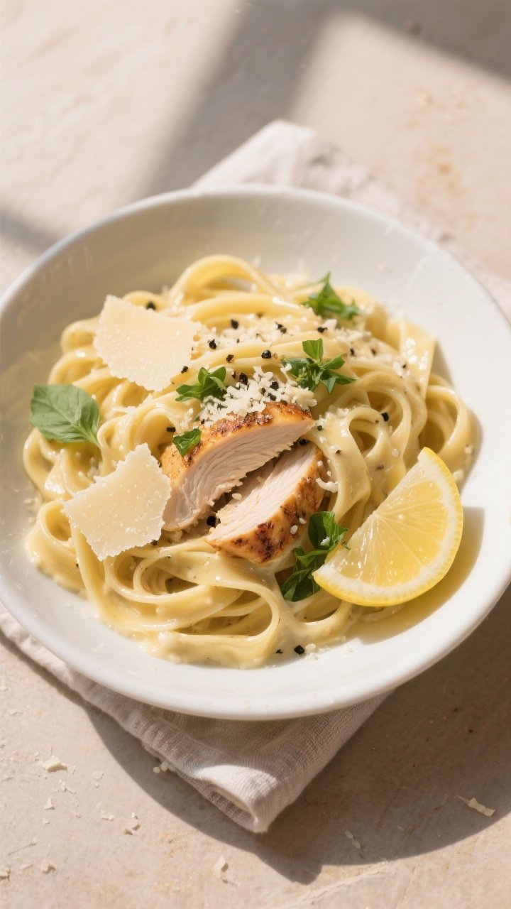 Tasty top view: Overhead shot of fettuccine tossed to a glossy sheen with creamy garlic-Parmesan sau