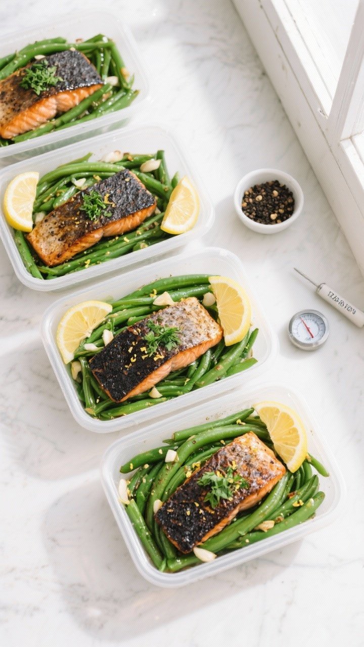 Tasty top view: Overhead shot of four meal prep containers neatly arranged, each with a bed of brigh