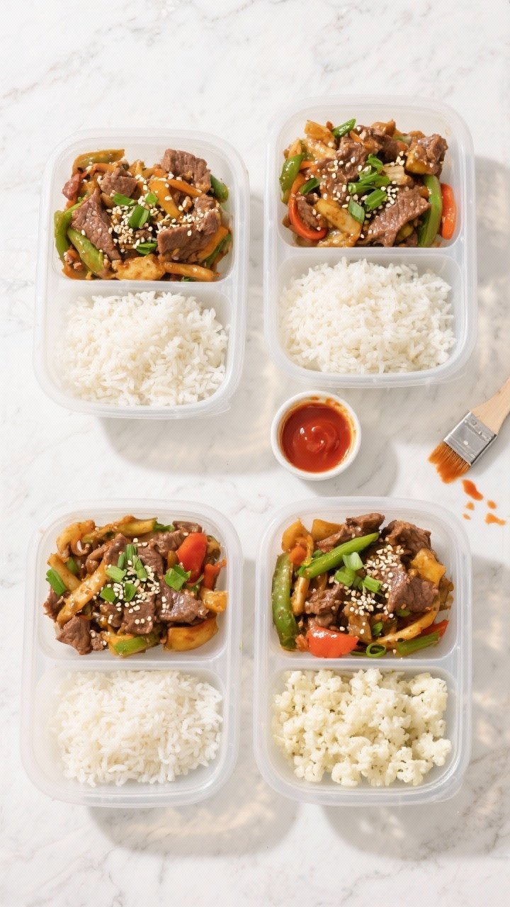 Tasty top view: Overhead shot of four meal-prep containers neatly portioned with the stir fry, each