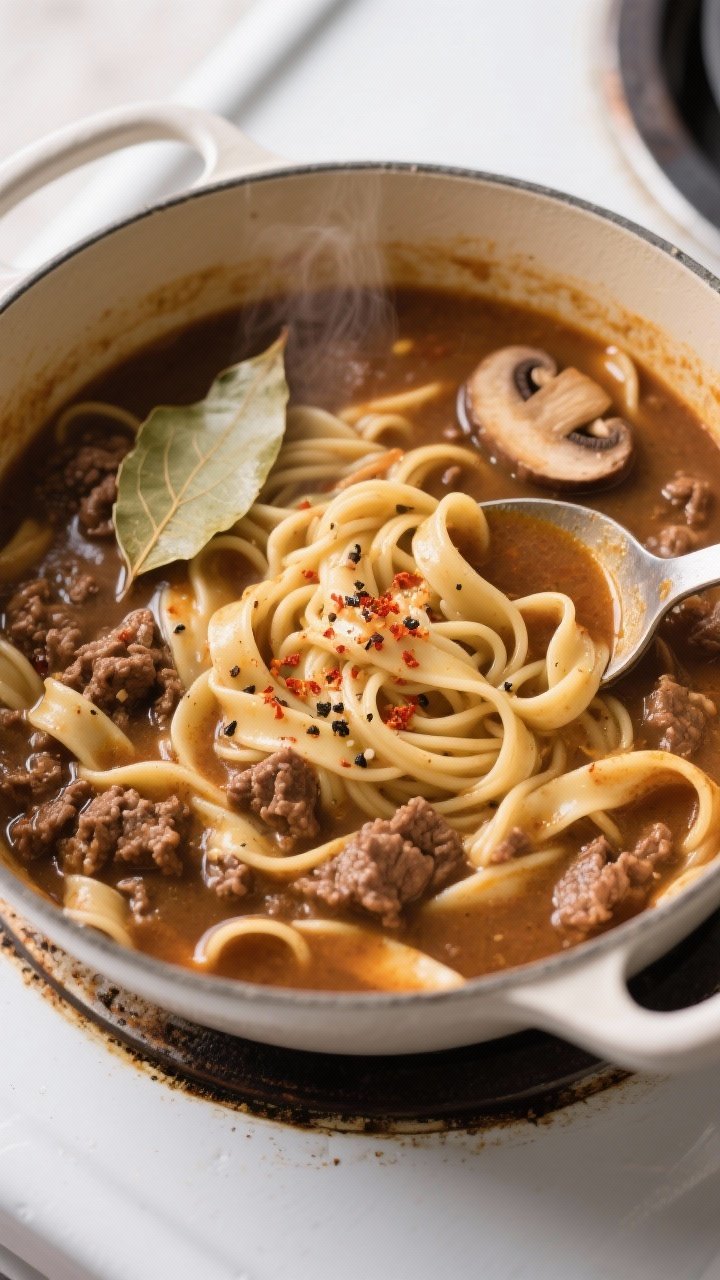 Tasty top view: Overhead shot of Ground Beef Stroganoff Soup mid-simmer with egg noodles just added,