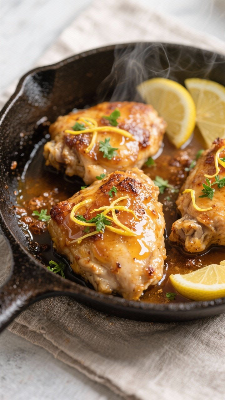 Tasty top view: Overhead shot of lemon garlic butter chicken thighs returned to the skillet and bath