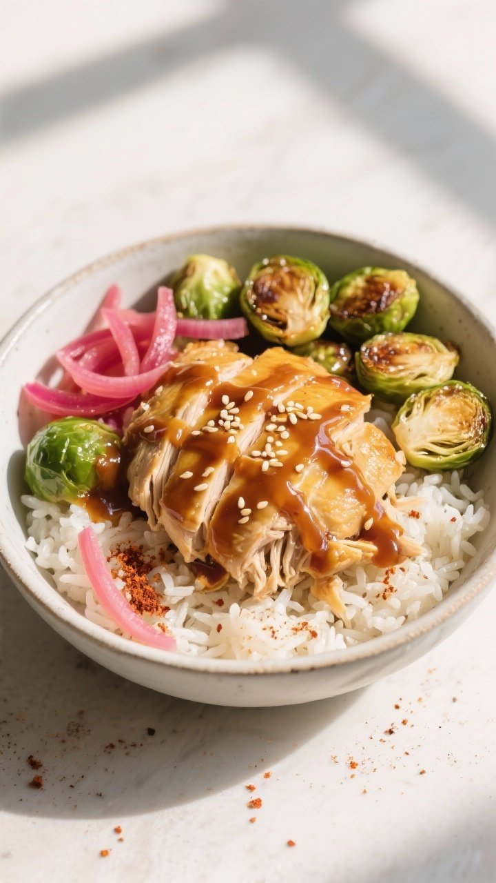 Tasty top view: Overhead shot of Maple Dijon Chicken bowl meal—pulled chicken over fluffy jasmine 