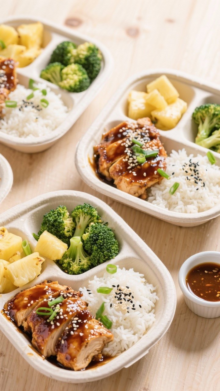 Tasty top view: Overhead shot of meal-prep bowls—neatly packed teriyaki chicken with caramelized e
