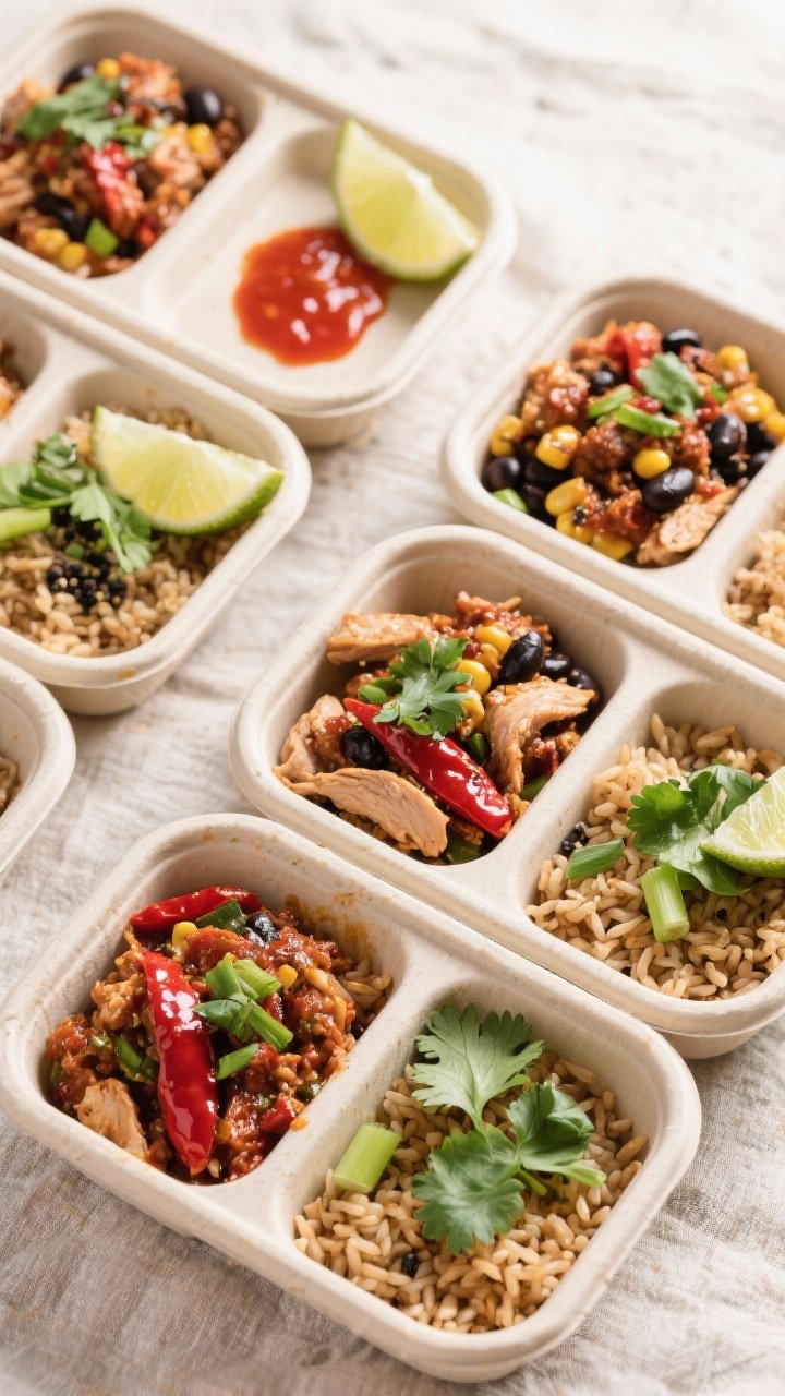 Tasty top view: Overhead shot of meal-prep containers neatly portioned—4 to 6 compartments with fl