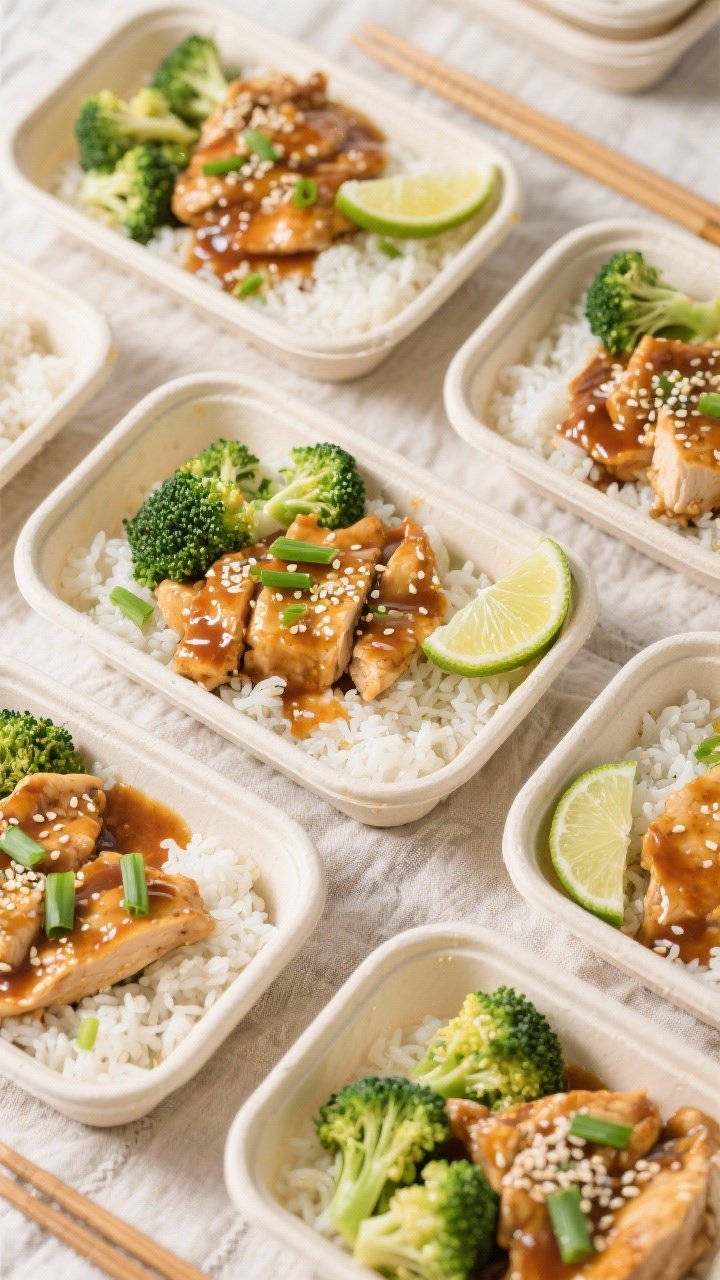 Tasty top view: Overhead shot of meal-prep containers neatly arranged, each with a base of fluffy ja