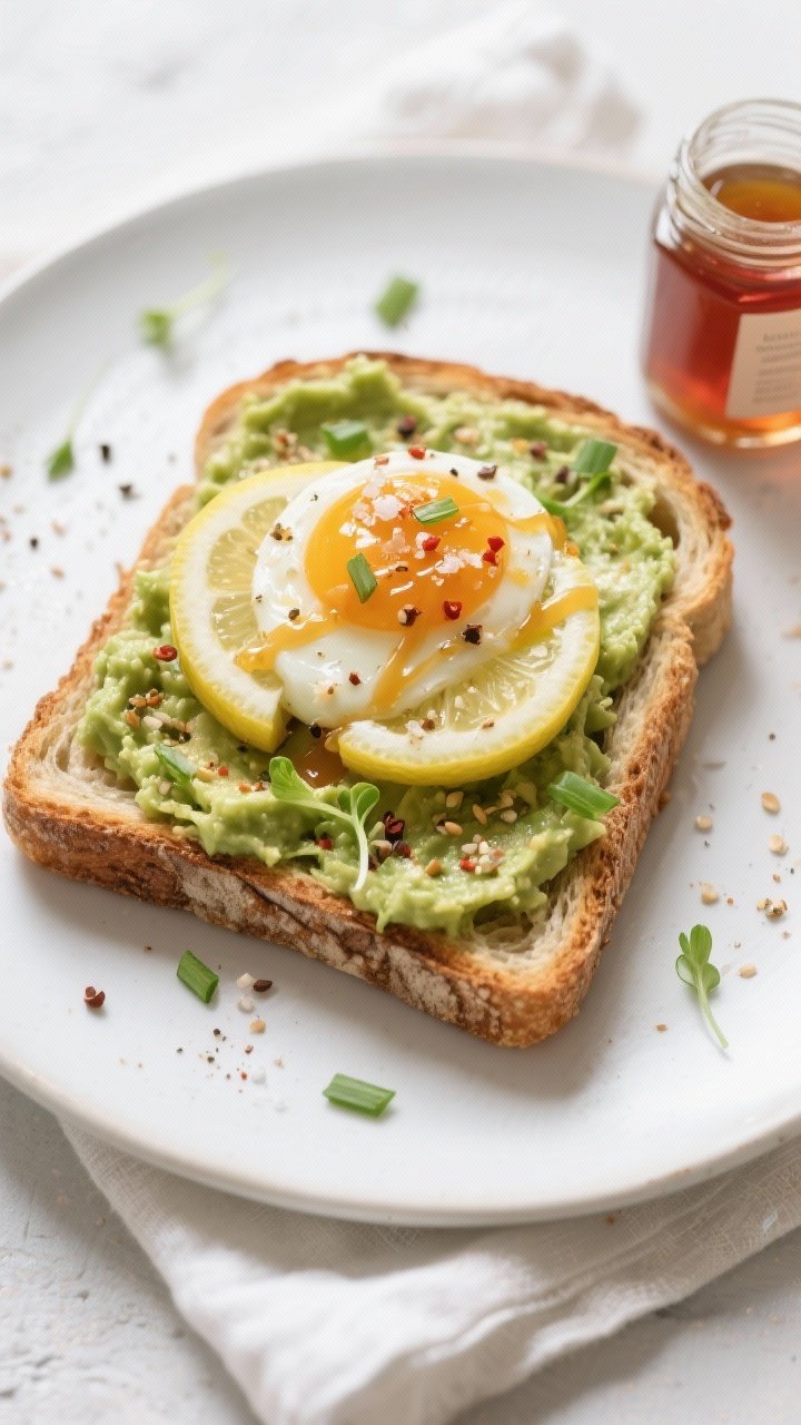 Tasty top view: Overhead shot of “Morning Glow Toast” fully assembled on a thick-cut sourdough s