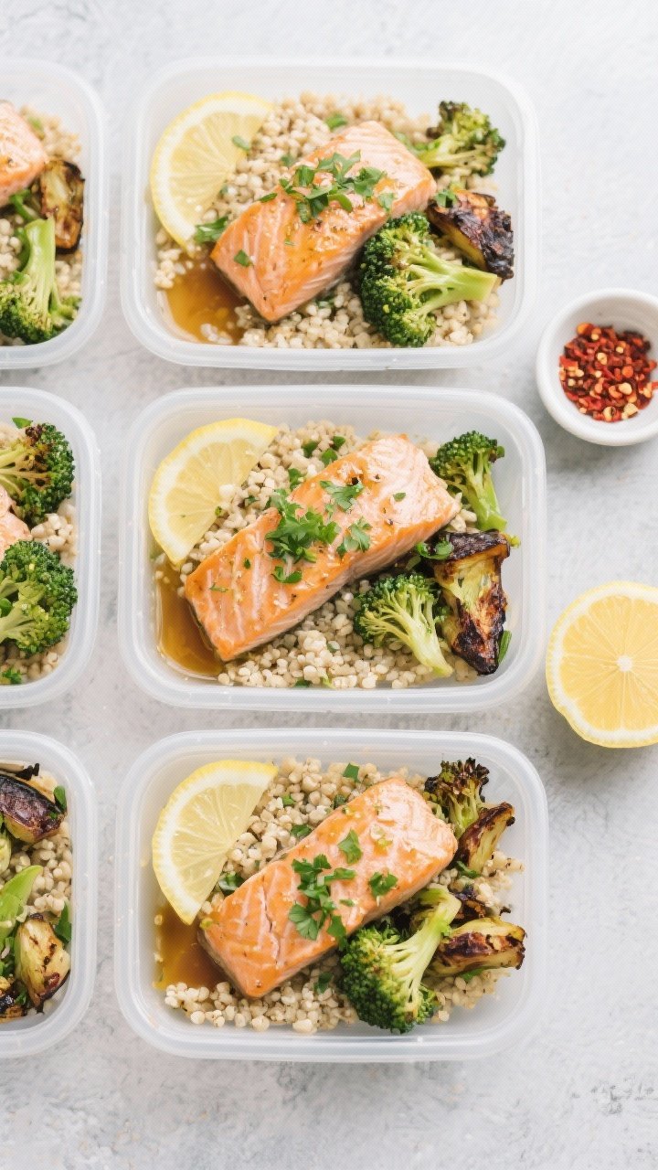 Tasty top view: Overhead shot of neatly arranged meal prep containers, each with a bed of fluffy qui