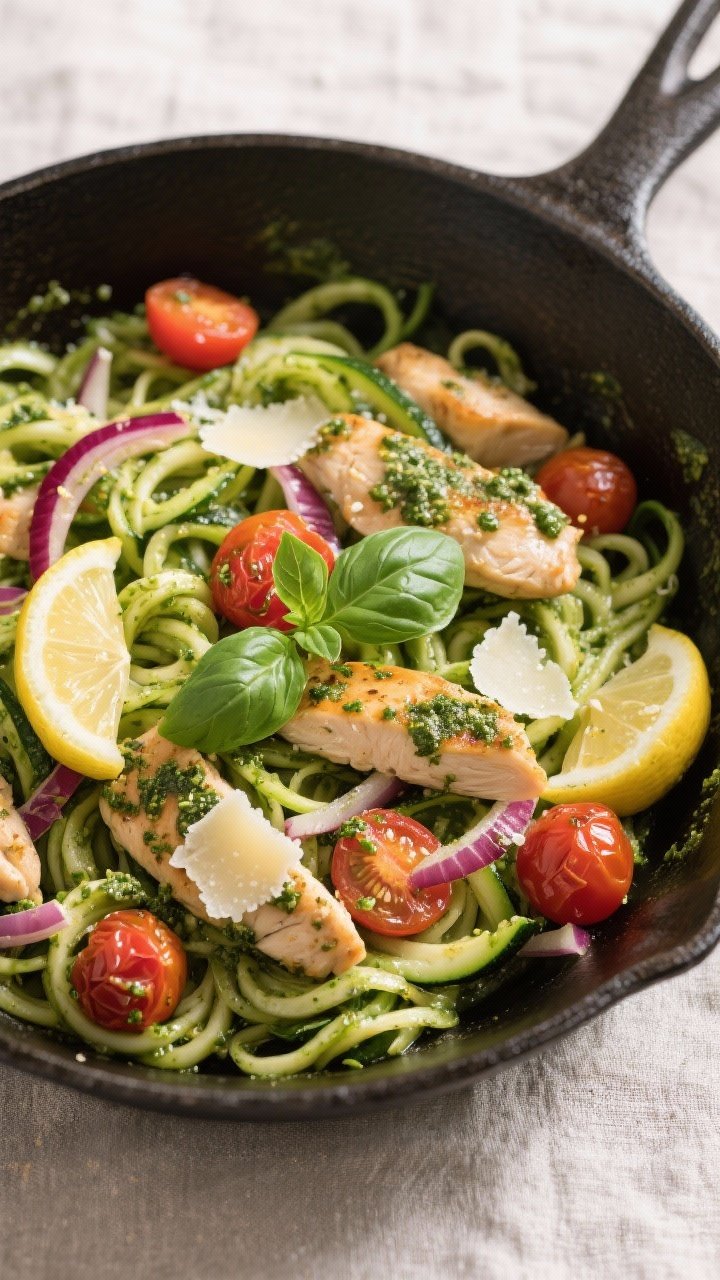 Tasty top view: Overhead shot of pesto chicken zoodles just tossed in the pan—al dente zucchini no