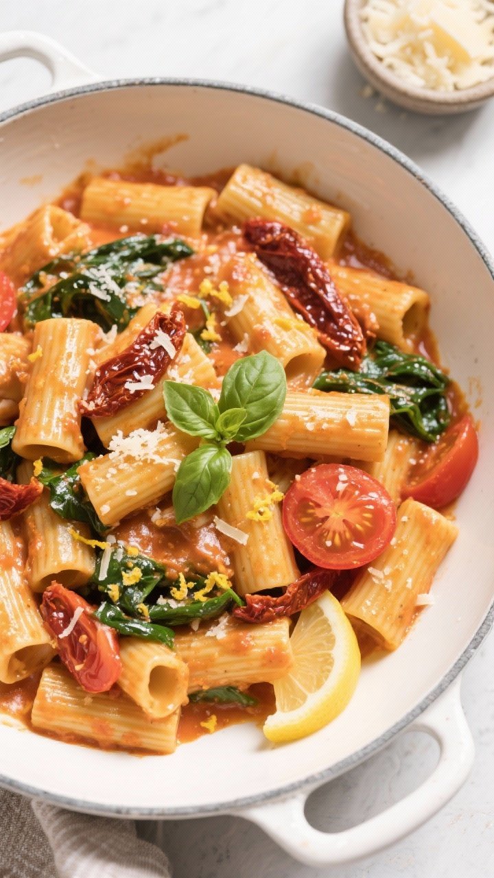 Tasty top view: Overhead shot of rigatoni tossed in creamy sun-dried tomato sauce, plated family-sty