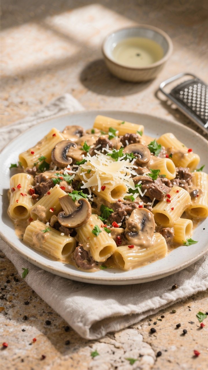 Tasty top view: Overhead shot of rigatoni tossed in creamy beef-and-mushroom sauce, sauce clinging t