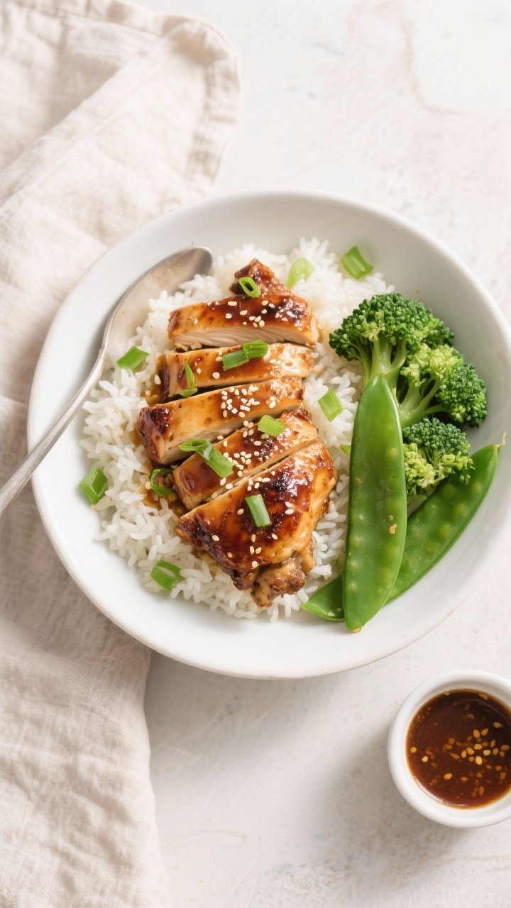 Tasty top view: Overhead shot of sliced honey garlic chicken thighs over fluffy jasmine rice in a wi