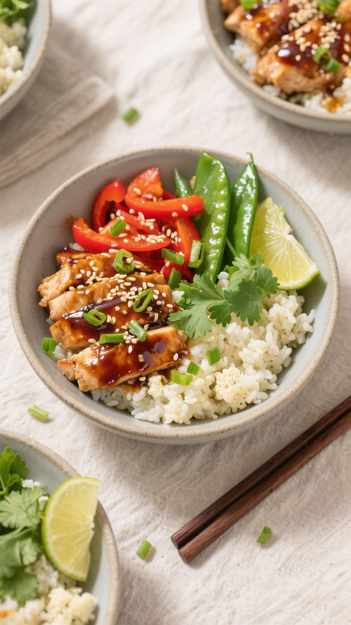 Tasty top view: Overhead shot of Teriyaki Chicken Cauliflower Rice Bowls assembled—fluffy cauliflo
