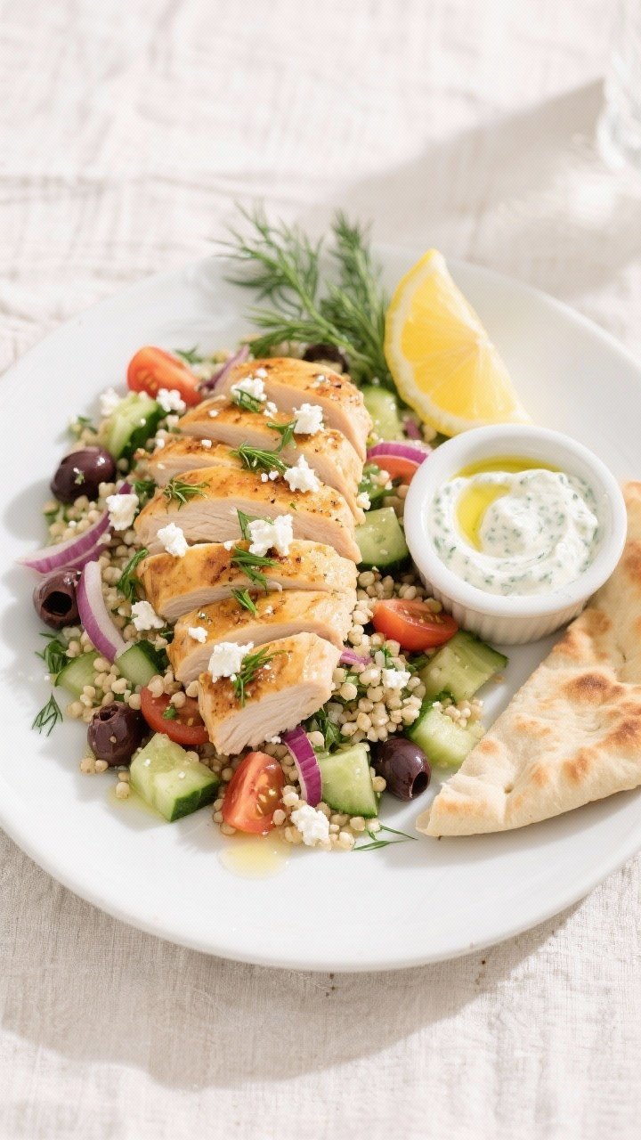 Tasty top view: Overhead shot of the final plate—sliced Greek chicken fanned over a generous mound