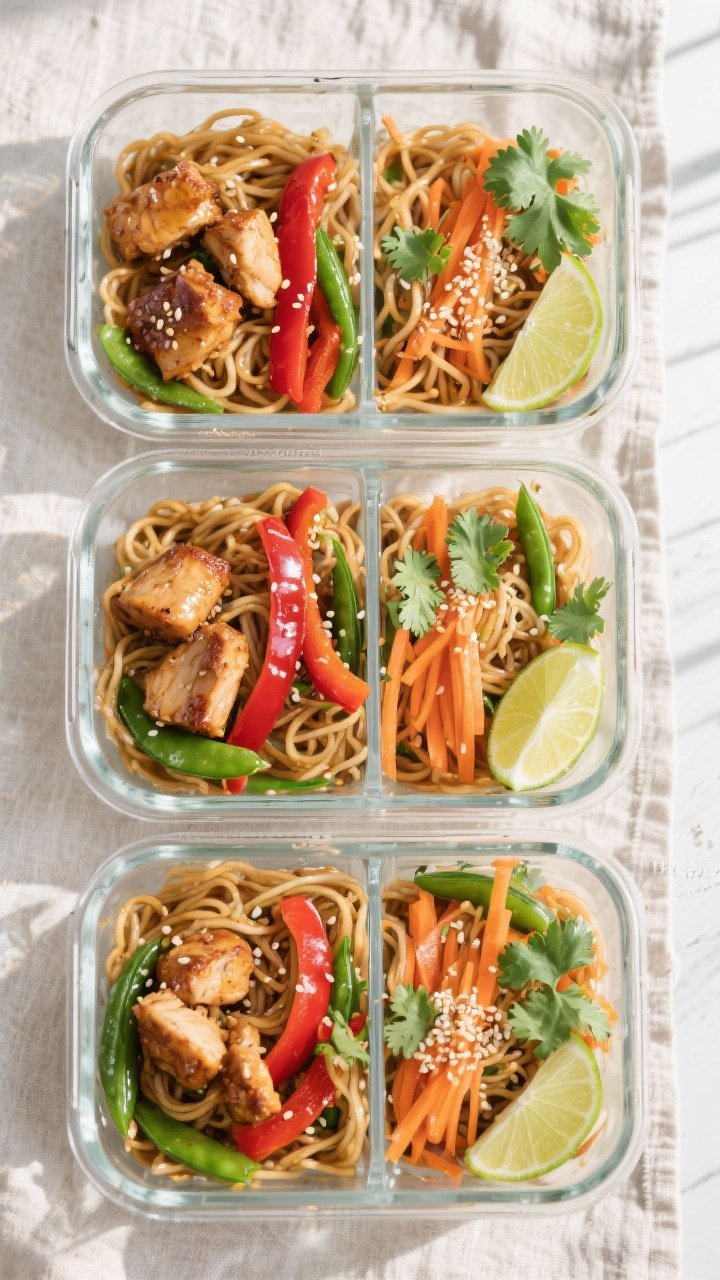 Tasty top view: Overhead shot of the finished Asian Chicken Noodle Meal Prep divided into 4 clear re