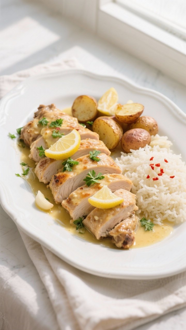 Tasty top view: Overhead shot of the finished chicken thighs sliced and arranged on a white ceramic 