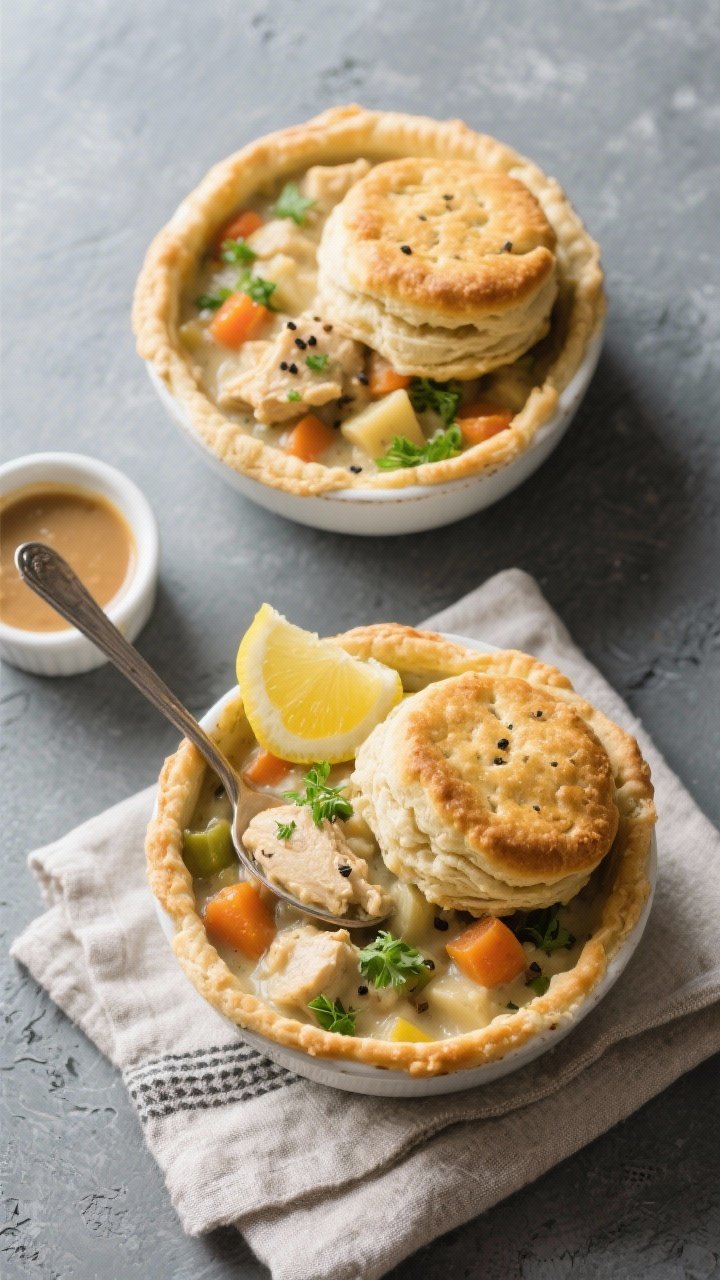 Tasty top view: Overhead shot of the finished chicken pot pie bowls—creamy crockpot filling spoone
