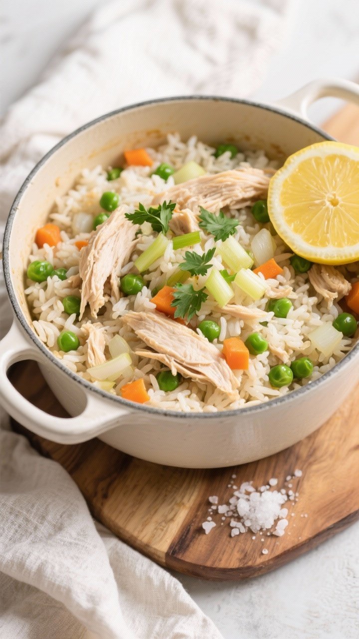 Tasty top view: Overhead shot of the finished Crockpot Chicken and Rice in a wide enamel pot, showca