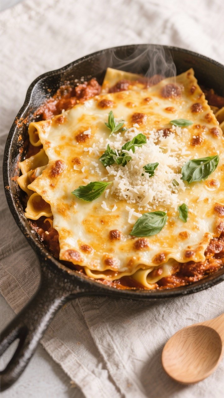 Tasty top view: Overhead shot of the finished lasagna skillet with a golden, lightly broiled cheese 