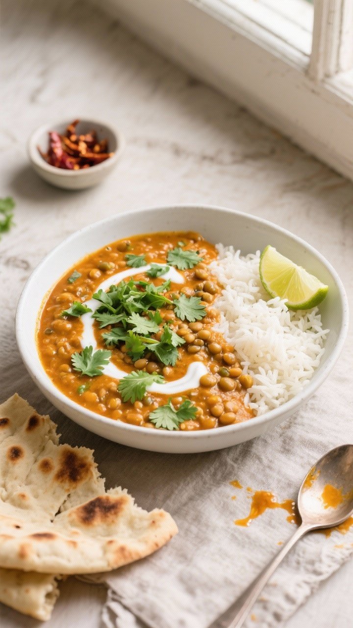 Tasty top view: Overhead shot of the finished one-pot lentil curry ladled into a wide, shallow white