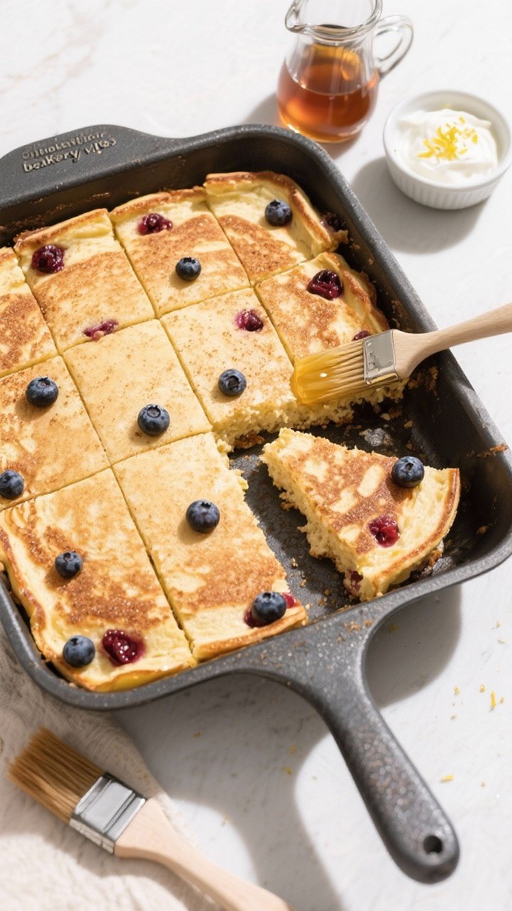 Tasty top view: Overhead shot of the full pancake bake in the pan, evenly baked to a light golden to