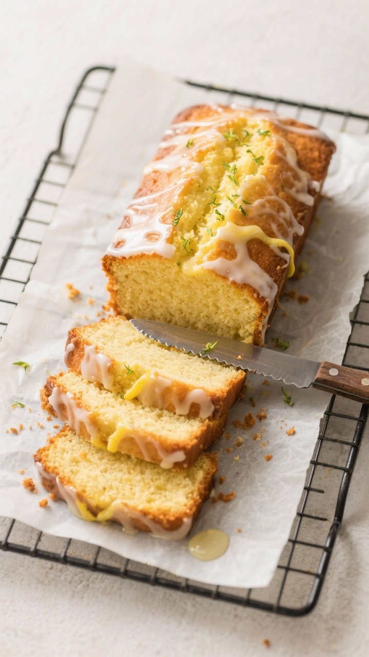 Tasty top view: Overhead shot of the fully baked lemon pound cake on a cooling rack with parchment s