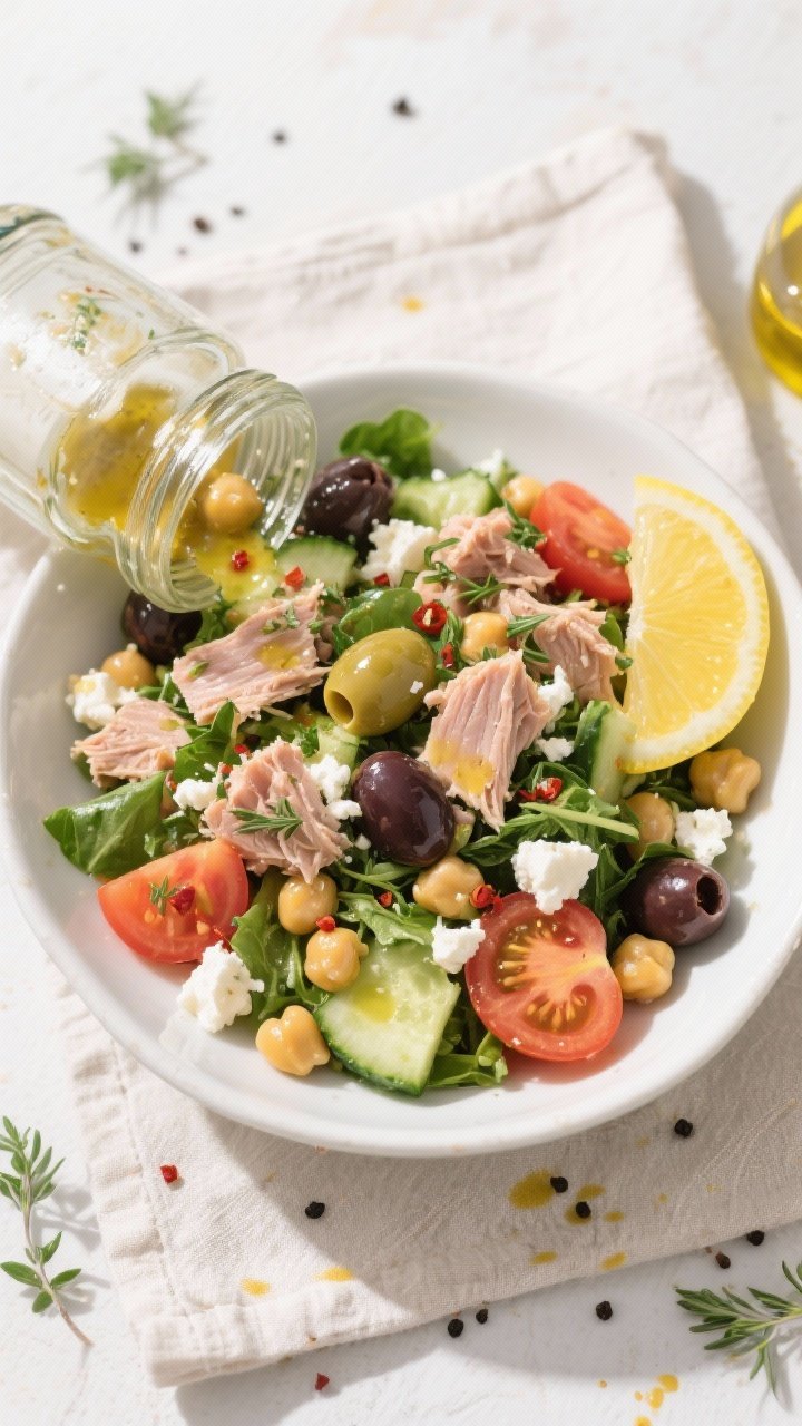 Tasty top view: Overhead shot of the tuna salad tipped from the jar into a low, wide white bowl, ful