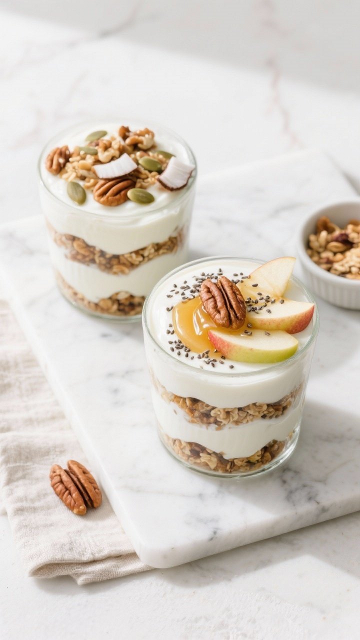Tasty top view: Overhead shot of two finished Healthy Apple Yogurt Parfaits ready to serve—neat la