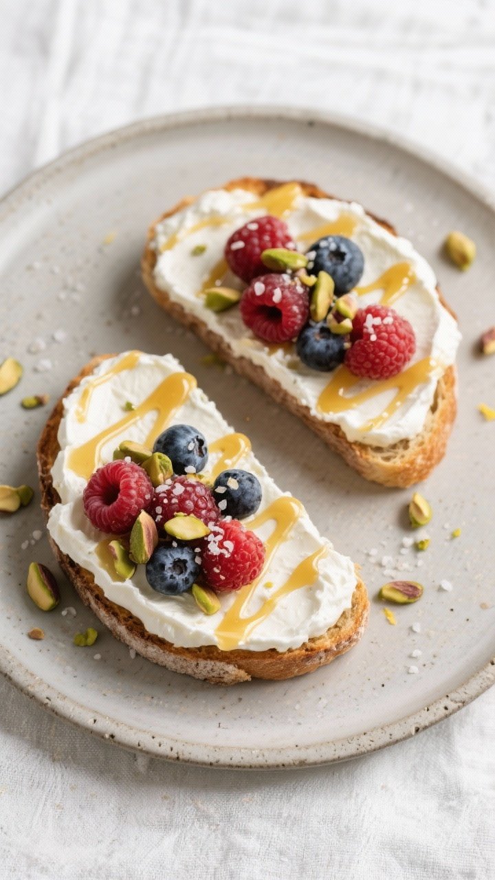 Tasty top view: Overhead shot of two finished Whipped Ricotta Toasts on a matte stone plate—thick