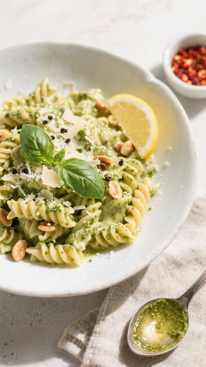 Tasty top view, overhead shot: Overhead shot of Creamy Pesto Pasta (fusilli) in a wide, white cerami