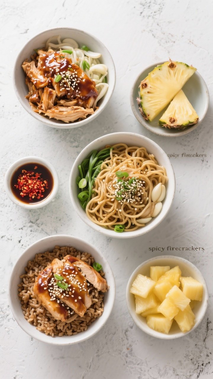 Tasty top view (overhead): Teriyaki chicken bowl bar scene arranged for meal prep—three bowls: one