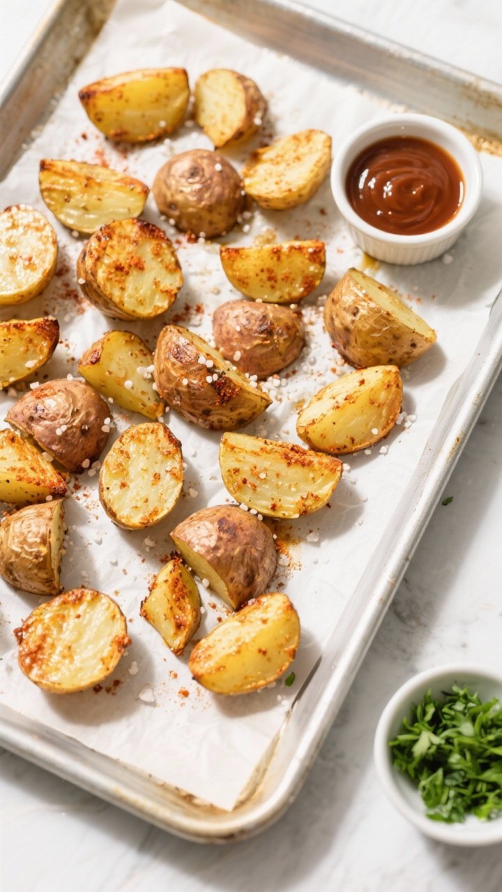 Tasty top view, sheet-pan moment: Overhead shot of roasted Yukon Gold potato chunks just flipped on 