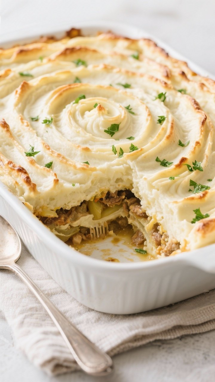 5 quart white ceramic baking dish—creamy mashed potato topping swirled with fork-made ridges, ligh