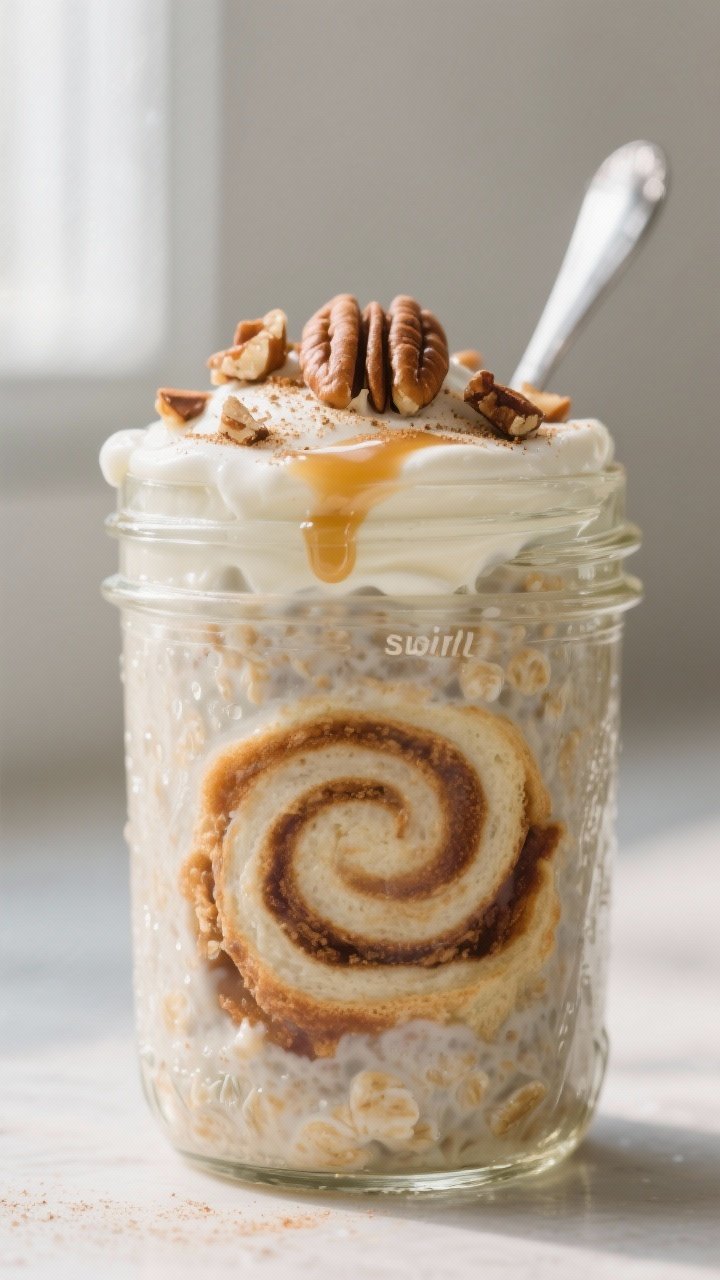 Close-up detail: A chilled jar of cinnamon roll overnight oats with a visible cinnamon “swirl” r