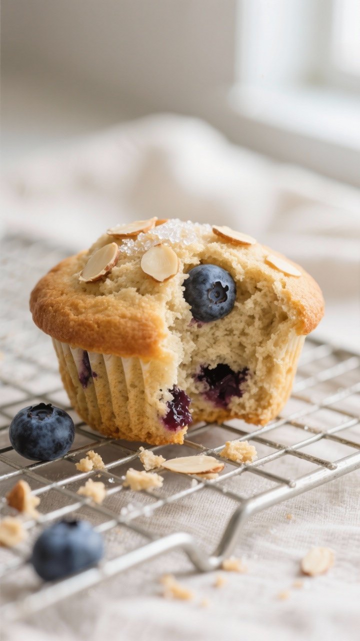Close-up detail: A freshly baked almond flour blueberry muffin torn open to reveal a plush, tender c