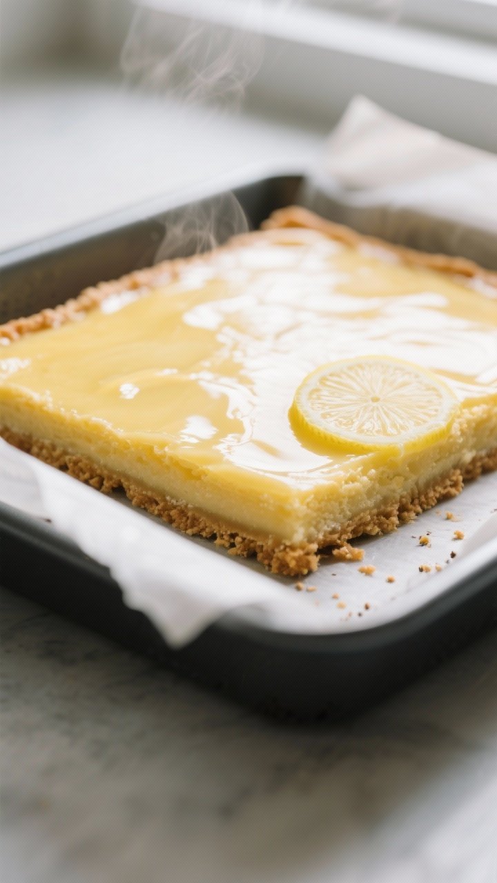 Close-up detail: A just-baked lemon bar slab cooling in an 8x8 pan, crust lightly golden at the edge