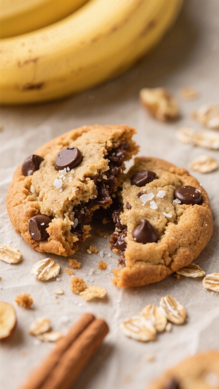 Close-up detail: A just-baked Peanut Butter Banana Oat Cookie broken in half, gooey dark chocolate c