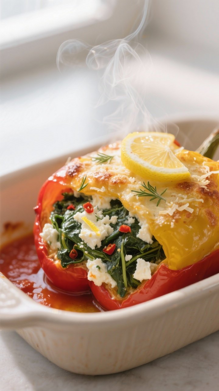 Close-up detail: A just-baked spinach and feta stuffed red and yellow bell pepper in a ceramic bakin